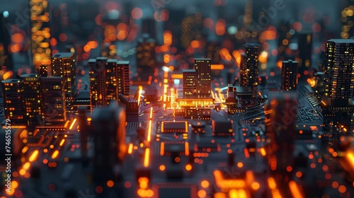 A detailed electronic circuit board simulating a cityscape at night with vibrant neon light details, embodying urban technology.