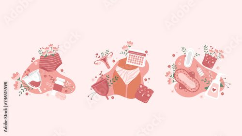 Banner With Elements On Theme Menstrual Period. Illustration of a girl, intimate hygiene products, pads, soap, calendar. Vector