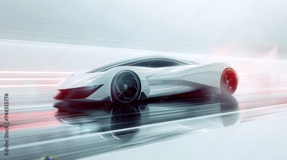 A sleek white concept car blurs against a high-speed background, illustrating modern automotive design and speed.