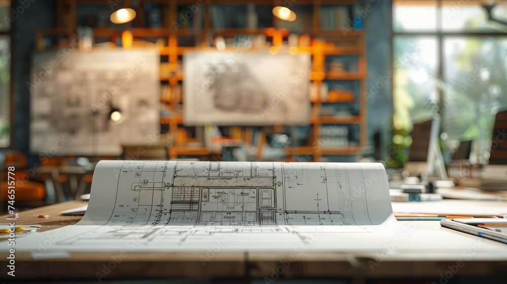 A rolled architectural blueprint on a wooden desk, with a vibrant creative studio environment in the background. A rolled architectural blueprint on a wooden desk, with a vibrant creative studio environment in the background.