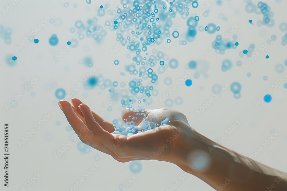 Blue Water Droplets Floating Above a Human Hand Blue Water Droplets Floating Above a Human Hand
