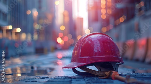 A red construction helmet lies on an urban street with the glow of city lights and sunset reflecting off the surface, symbolizing ongoing urban development. photo