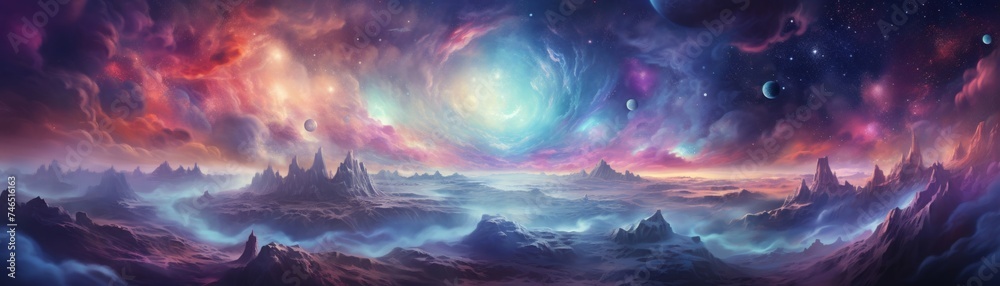 A backdrop background of a dreamy cosmic realm, with swirling nebulae and fantastical creatures A backdrop background of a dreamy cosmic realm, with swirling nebulae and fantastical creatures