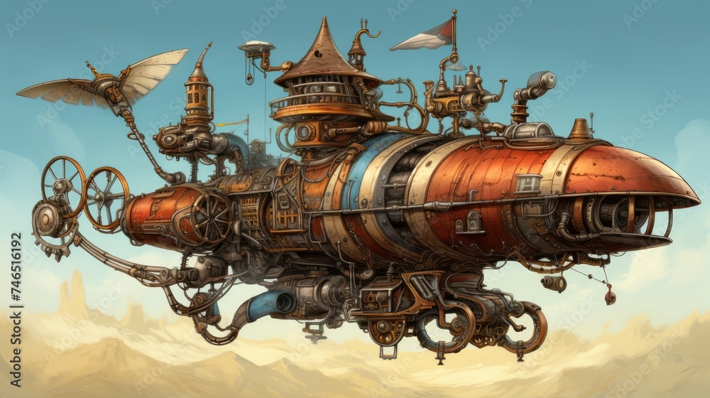 A detailed illustration of a whimsical steampunk-inspired flying machine