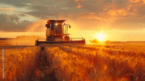 A combine harvester is busy at work during harvest season, cutting through a golden wheat field under the warm glow of the setting sun.