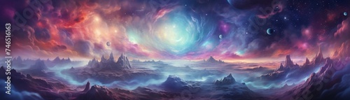 A backdrop background of a dreamy cosmic realm, with swirling nebulae and fantastical creatures photo