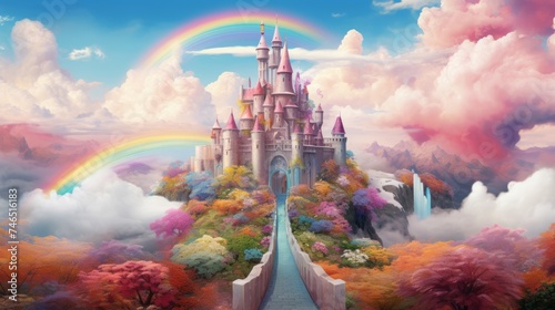 A dreamy whimsical close-up of a fantastical sky castle floating amidst fluffy clouds, with rainbow bridges leading to secret gardens