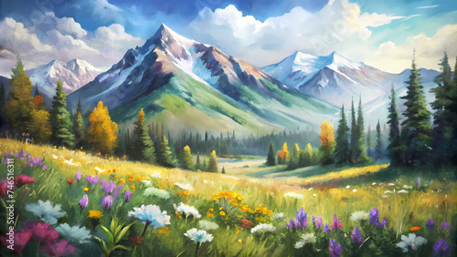 Serene Summer Landscape with Wildflowers and Mountains - Digital Watercolor Artwork for Print © PhotoPhreak
