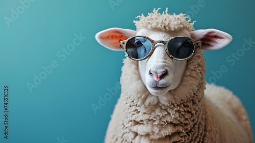Funny fluffy sheep with curly wool, wearing sunglasses photo