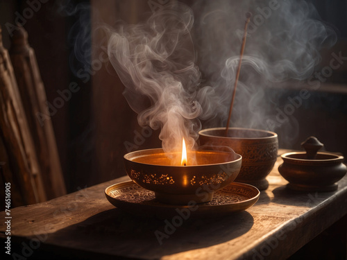 Mystical atmosphere with incense sticks and fire