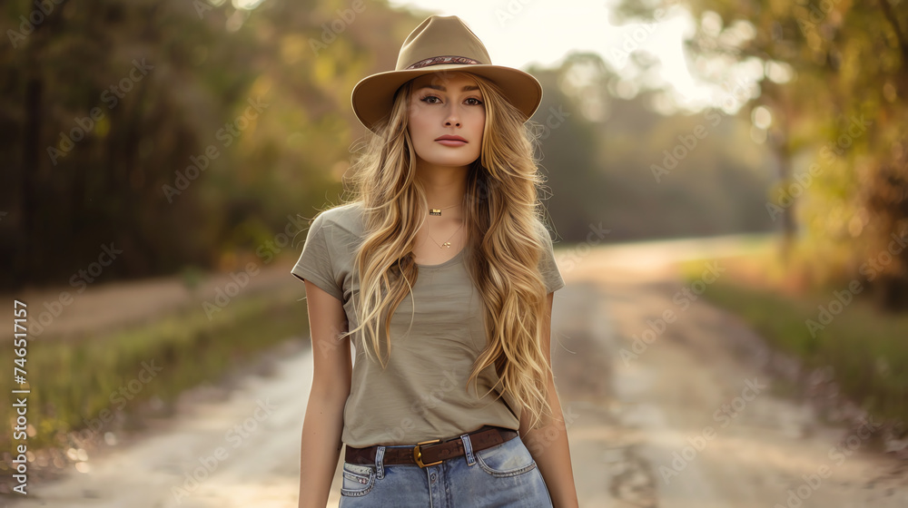 Boho Chic Meets Rustic Charm: Young Woman in Countryside Elegance