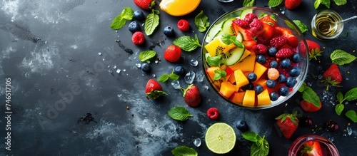 Vegan, vegetarian lifestyle with fresh summer fruit cocktail and healthy salad.
