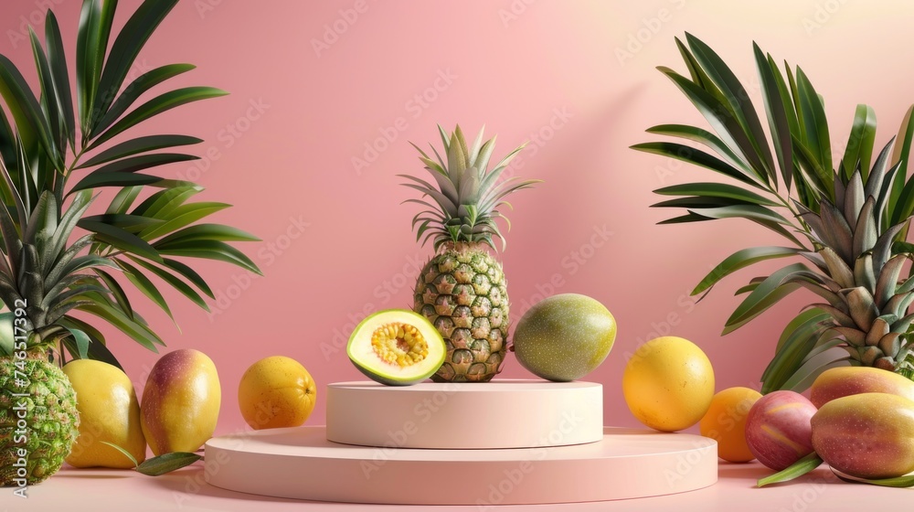 stone podiums with fresh Fruit. 3D display podium with copy space template 3d render. Background for cosmetic products of natural. stone podiums with fresh Fruit. 3D display podium with copy space template 3d render. Background for cosmetic products of natural.