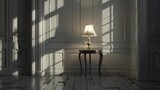 room with a lamp and a table, in the style of neoclassical simplicity brown 
