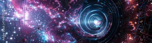 Interstellar travel portal, starship dock, wormhole activation, deep space photo