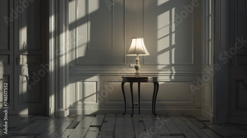 room with a lamp and a table, in the style of neoclassical simplicity brown 