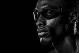 Focused male swimmer with goggles, intense gaze, sweat and determination, monochrome portrait with dark background