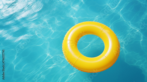 bright yellow inflatable pool ring floating on a clear blue pool surface