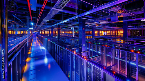 Digital Fortress: Secure Data Center Corridor. Long corridor view of an expansive, high-security data center with servers and cable trays illuminated by neon lights.