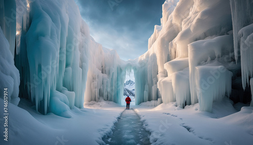 Frozen whispers echo in the tunnel of icicles, where the man stands in silent contemplation