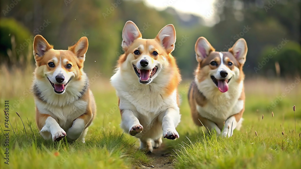 Cute Corgi dogs running on grass Cute Corgi dogs running on grass