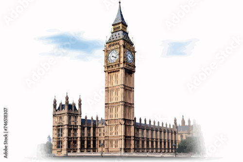 Westminster Clock Tower (aka Big Ben) isolated on white, part of the UK Houses of Parliament