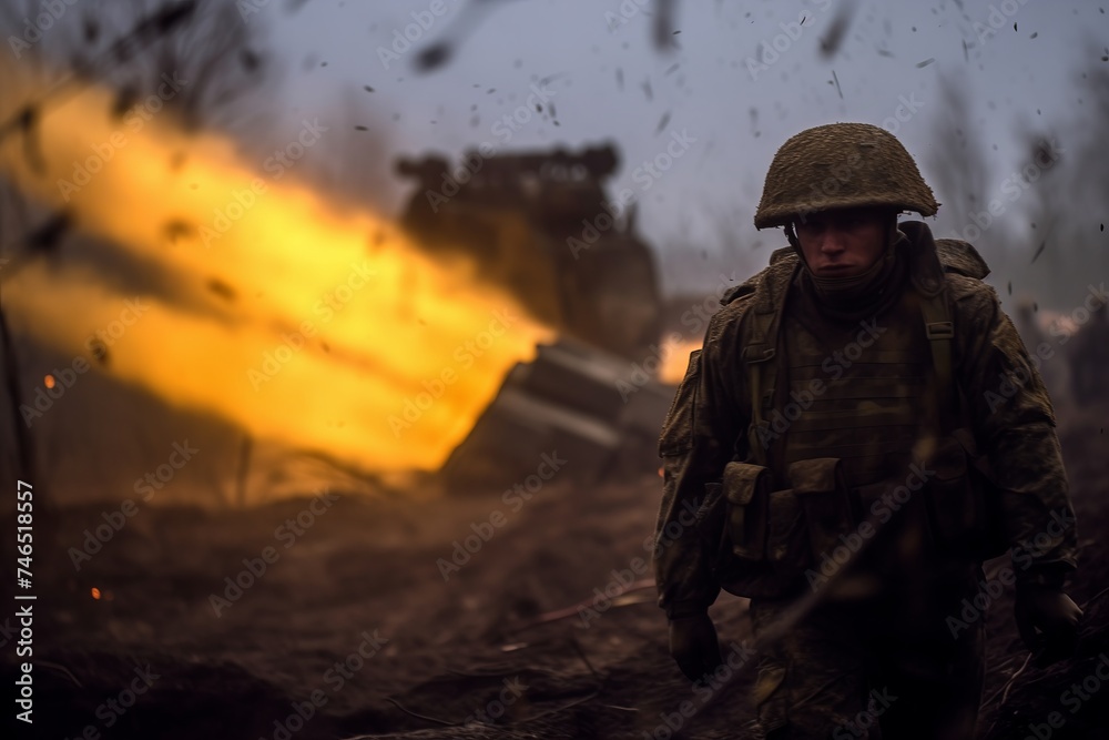 A group of soldiers stand close to a powerful explosion in the background, illustrating the intensity and danger of war.