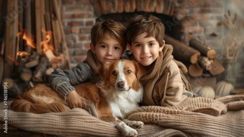 two boys posing with a dog in front of a fire © nataliya_ua