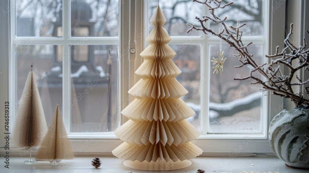 Delicate handcrafted paper Christmas trees in neutral tones displayed on a window sill, with a wintry scene outside.
