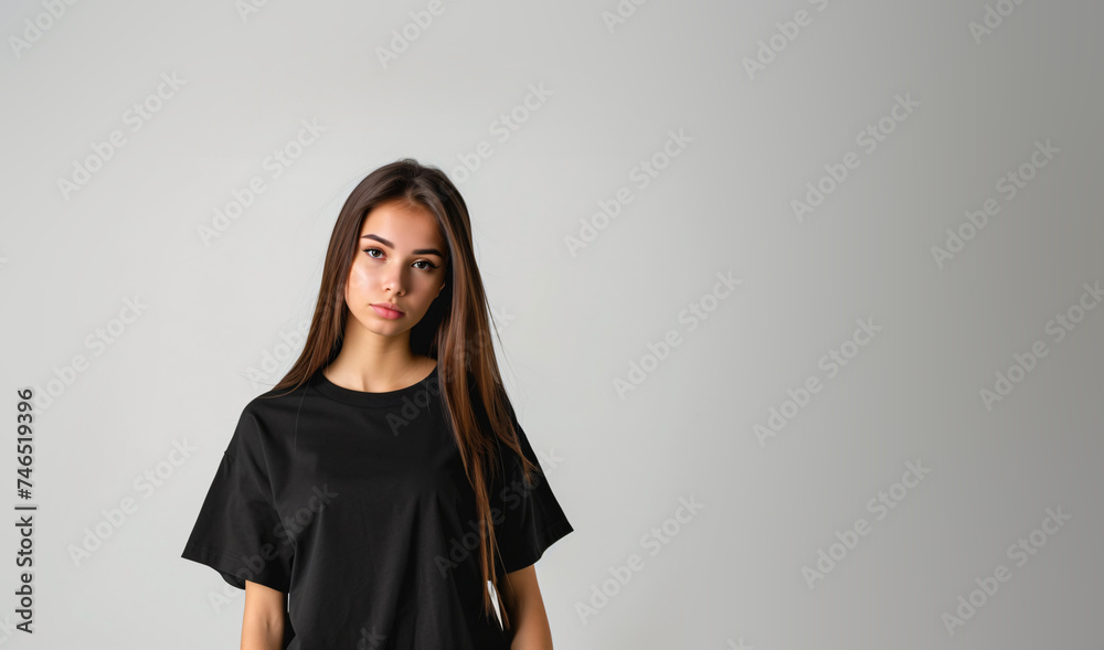Fototapeta premium Pretty girl wearing a black mockup tshirt with copy space