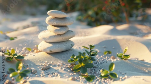 A serene stack of smooth zen stones with green succulents on a tranquil sandy beach, symbolizing balance and peace.