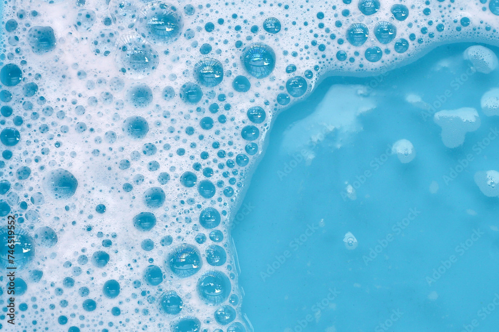 Blue water bubble. White soap foam Blue water bubble. White soap foam