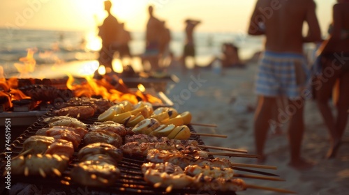 Fototapeta Naklejka Na Ścianę i Meble -  Friends gather for a beach barbecue party at sunset, with skewers of food cooking over an open flame.