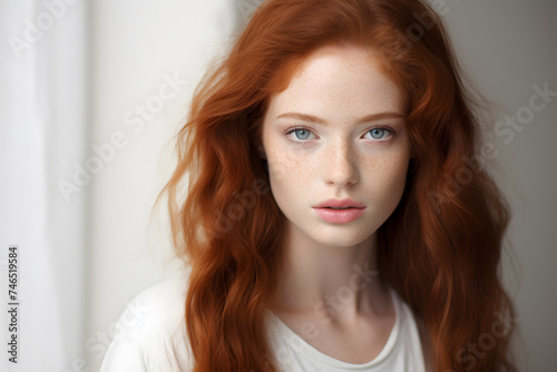 Closeup portrait ginger red hair beautiful woman