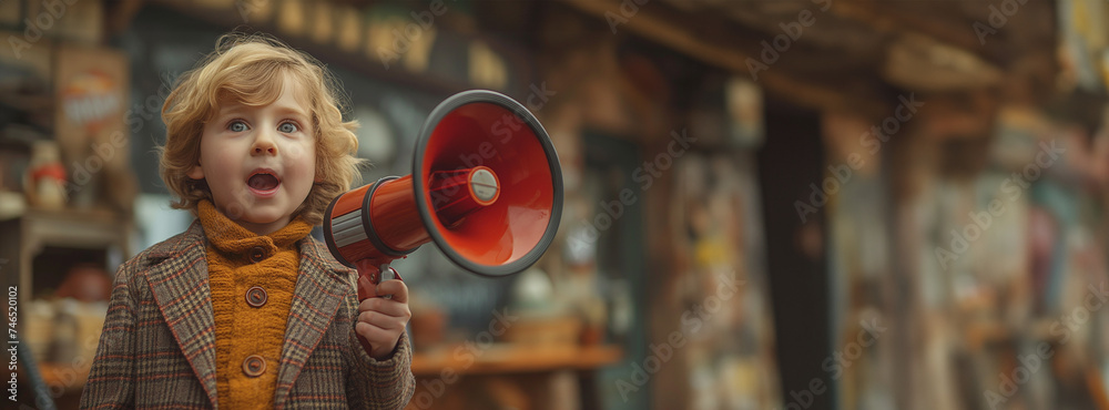 Panoramic kid with a megaphone announce - obrazy, fototapety, plakaty 