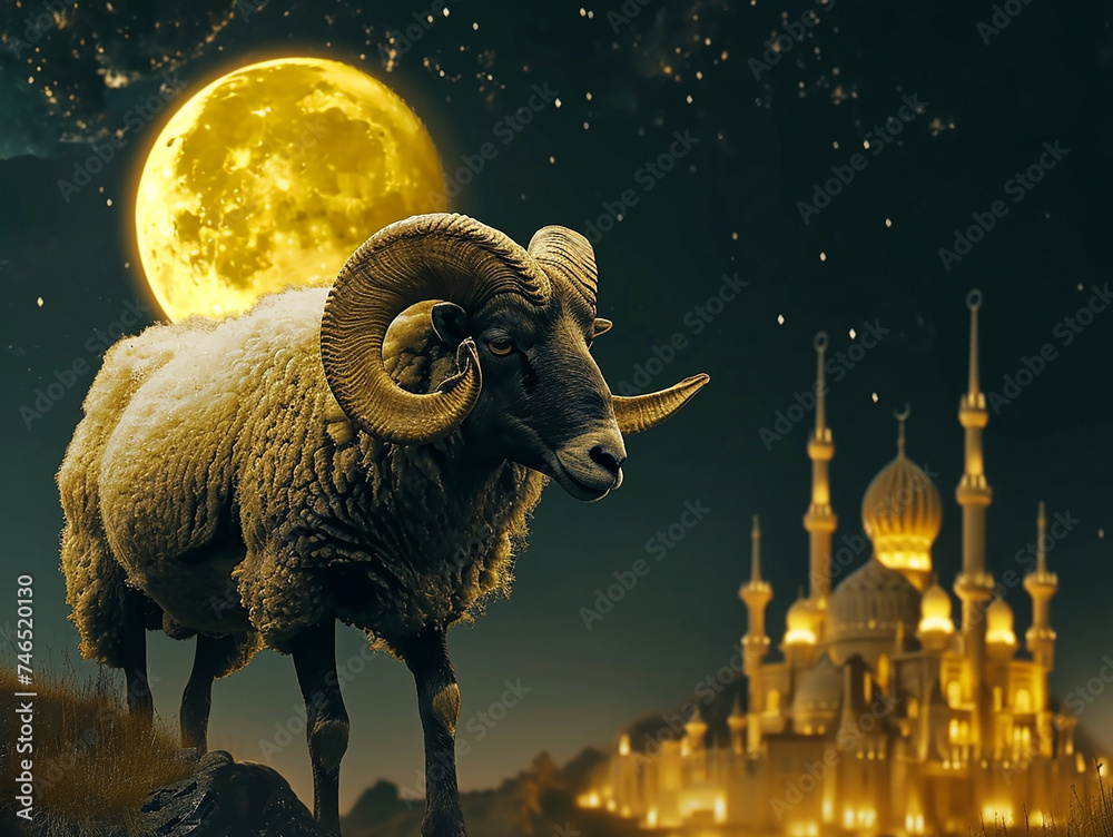 A sheep with horns and curly wool on the background of a Muslim mosque and a crescent moon in the sky