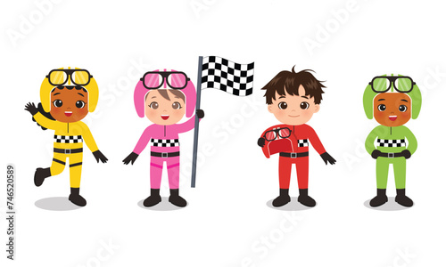 Cute boy and girl racer cartoon vector