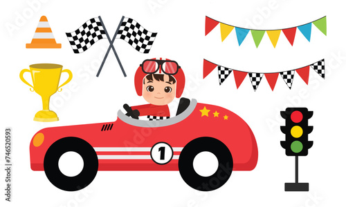 Cute racer boy cartoon style with racing element