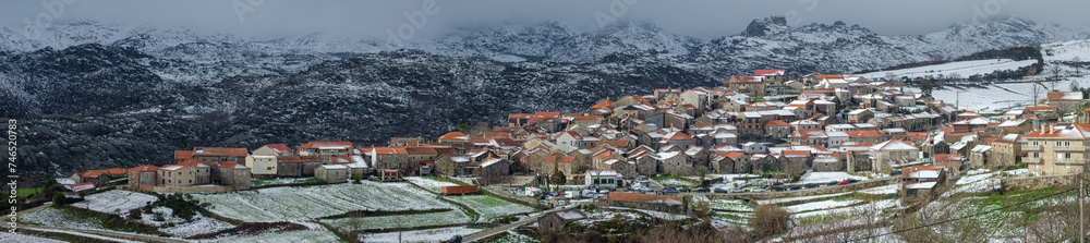 View from the village of Pitoes das Junias in a snowy day. Peneda-Geres National Park. Municipality of Montalegre. Northern Portugal.