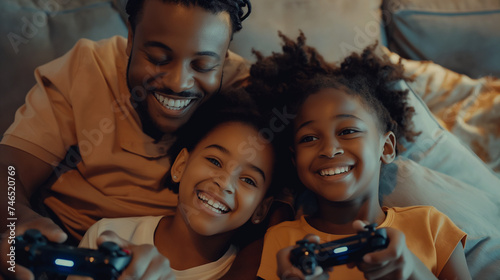 Father and daughter smiling and playing video game console while sitting at home and having a good time photo