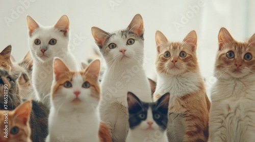 A group of various domestic cats sitting together, appearing curious and attentive, with a soft focus background.