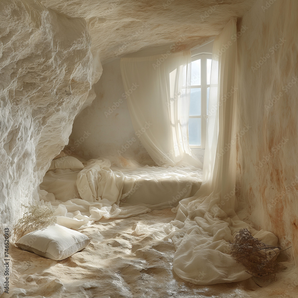 Une chambre simple avec un petit lit et une fenêtre lumineuse dans la roche blanche - obrazy, fototapety, plakaty 