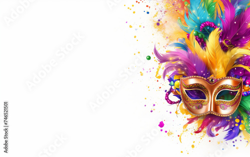 Dynamic Mardi Gras Celebration Banner Featuring Masks and Beads Isolated on White Background.
