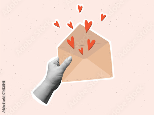 Black and white hand holds an envelope with a flying hearts - element for collage. Vector illustration