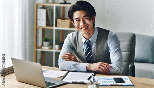 Portrait of a young businessman working with documents and an invoice while seated at a desk in the office and grinning at the camera