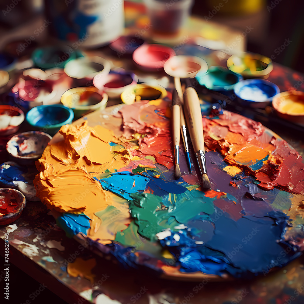 A close-up of a painters palette with a mix of vibrant colors