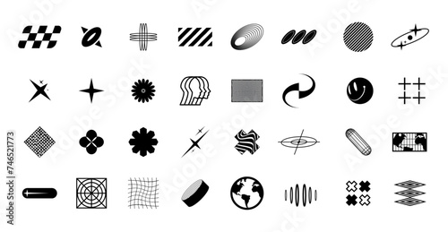 Retro futuristic abstract graphic elements. Y2k elements, Trendy geometric brutalism forms, bling retro elements and abstract brutalism shapes. universal shapes with Burst. Vector set