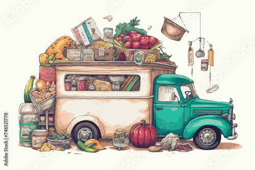 Watercolor painting fast food burger hotdog all kinds of fruit Yellow mini van speeds towards summer adventure