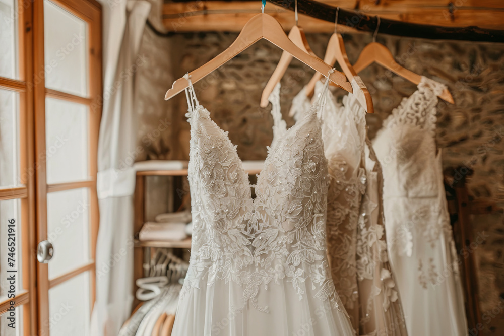 Beautiful wedding dresses on hangers in wedding atelier Beautiful wedding dresses on hangers in wedding atelier