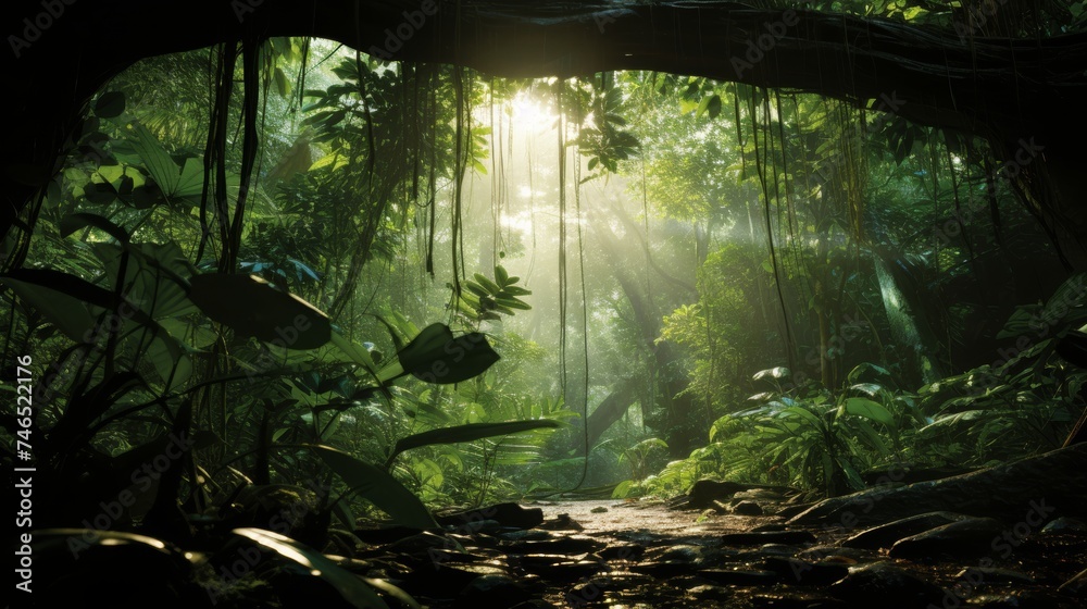Lush rainforest canopy abuzz with exotic birds, monkeys, and hidden creatures in a natural symphony. Lush rainforest canopy abuzz with exotic birds, monkeys, and hidden creatures in a natural symphony.